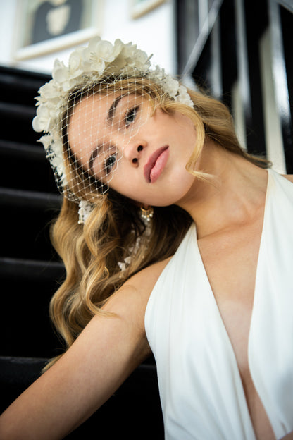 Handmade Birdcage Veil Headpiece with Dahlia Crown by Pollen & Plume