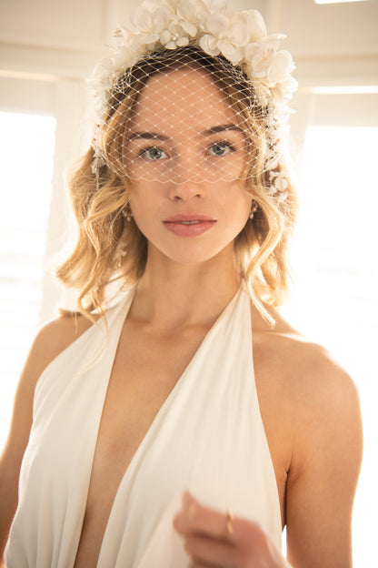 Handmade Birdcage Veil Headpiece with Dahlia Crown by Pollen & Plume